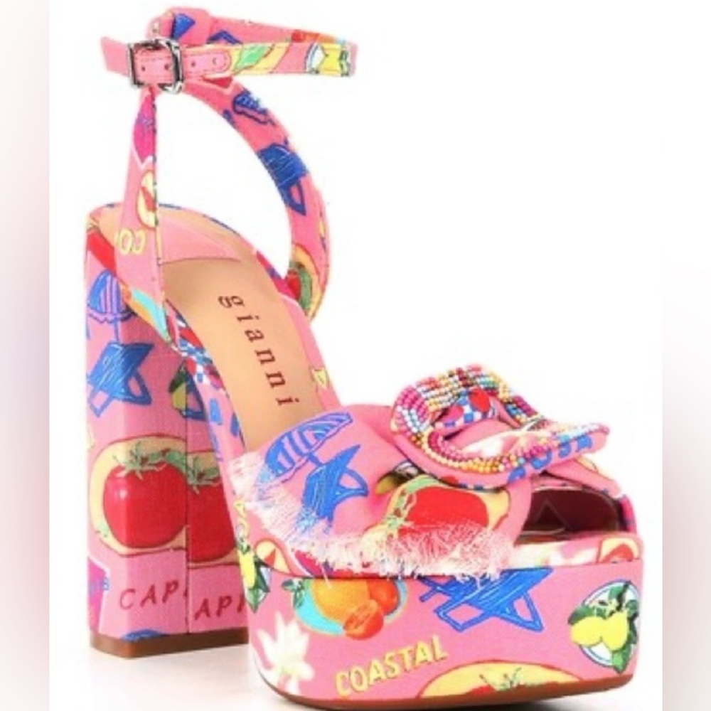 GIANNI BINI Pink Tobias Linen Mismatched Buckle Platform Sandals Heels 7.5 NEW